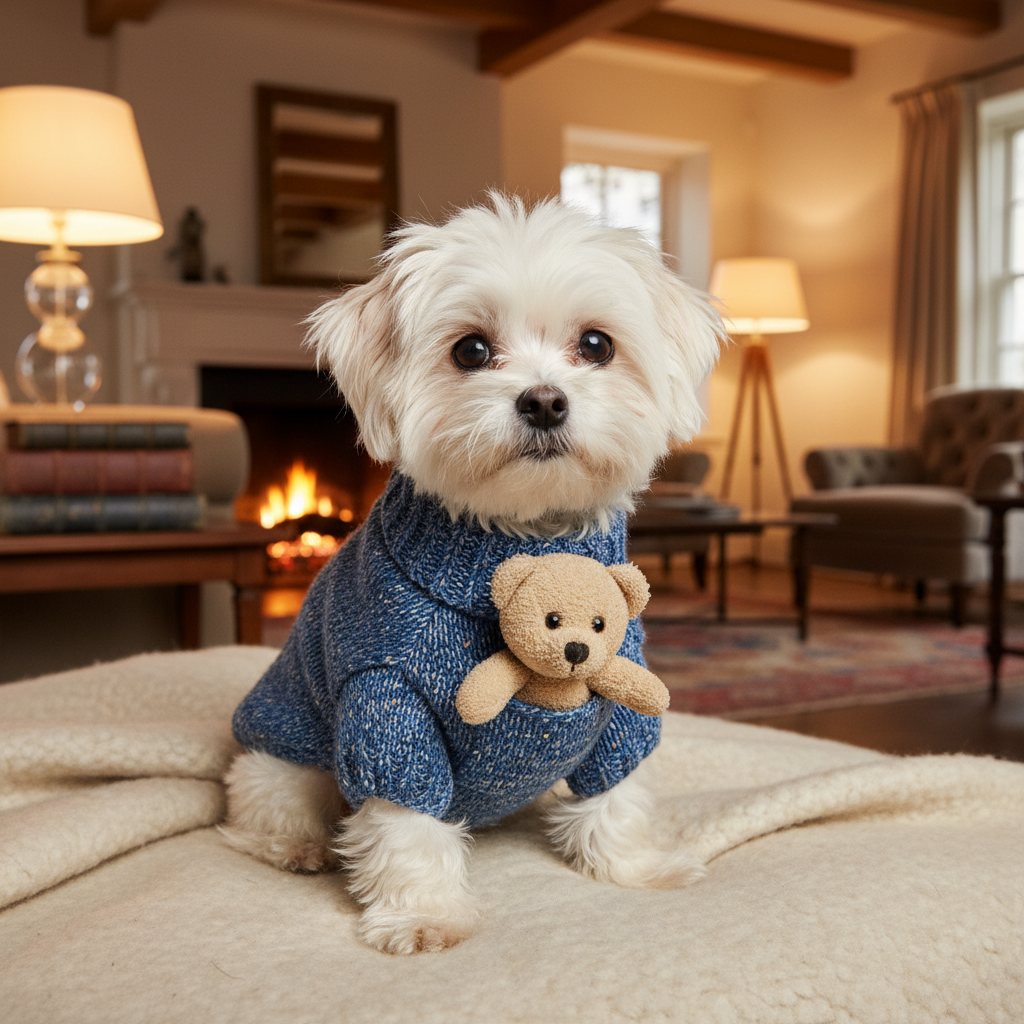 Blue knit pet sweater with teddy bear pocket, worn by a small white dog