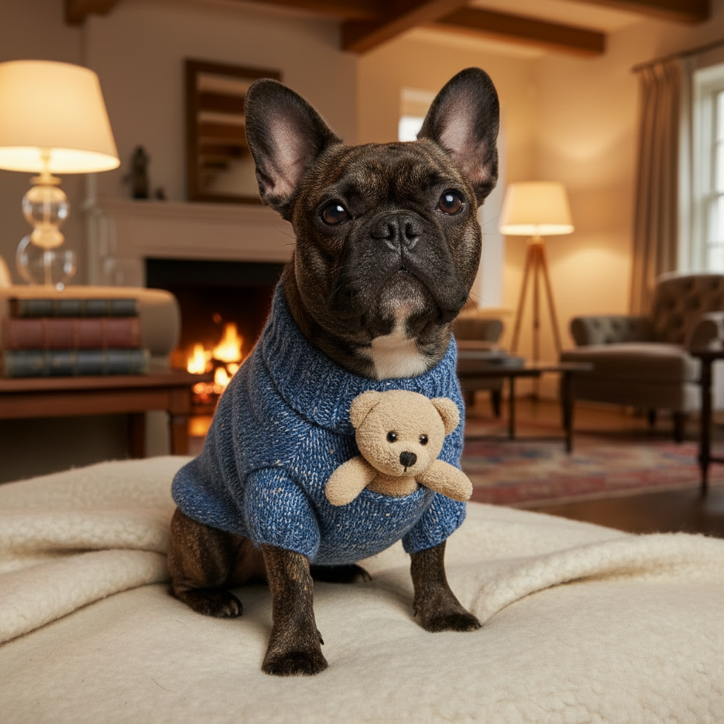 Blue knit pet sweater with teddy bear pocket, worn by a dark French bulldog