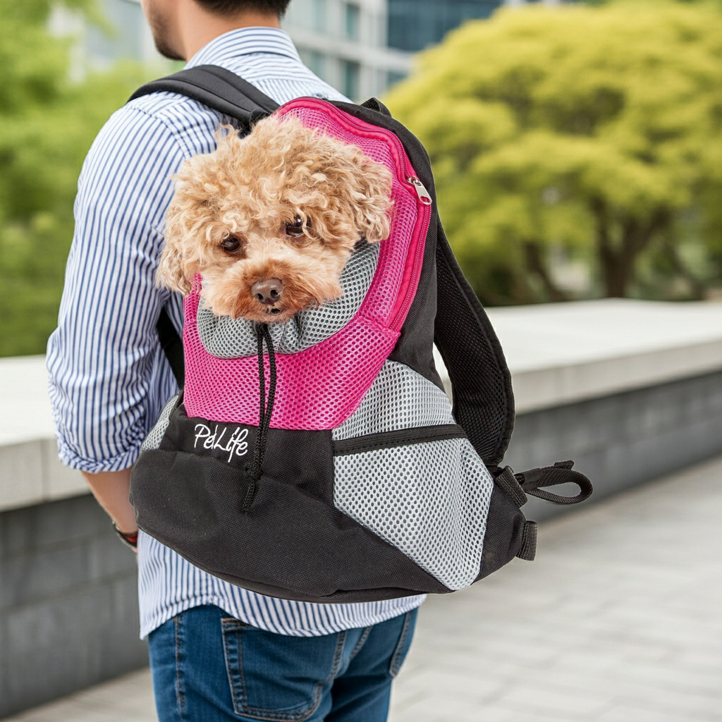 Pet dog backpack carrier with pink mesh front, black body, and front pet pouch