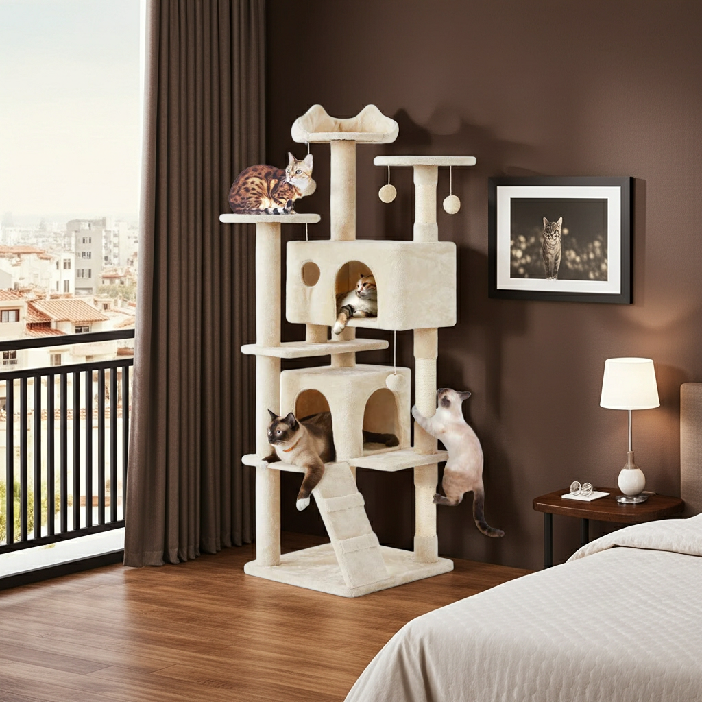 Beige multi-level cat tree with condos, perches, and scratching posts