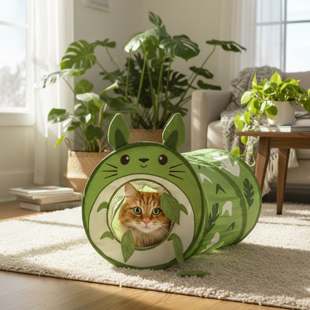 Green collapsible cat play tunnel with leaf-pattern fabric and round leaf net window