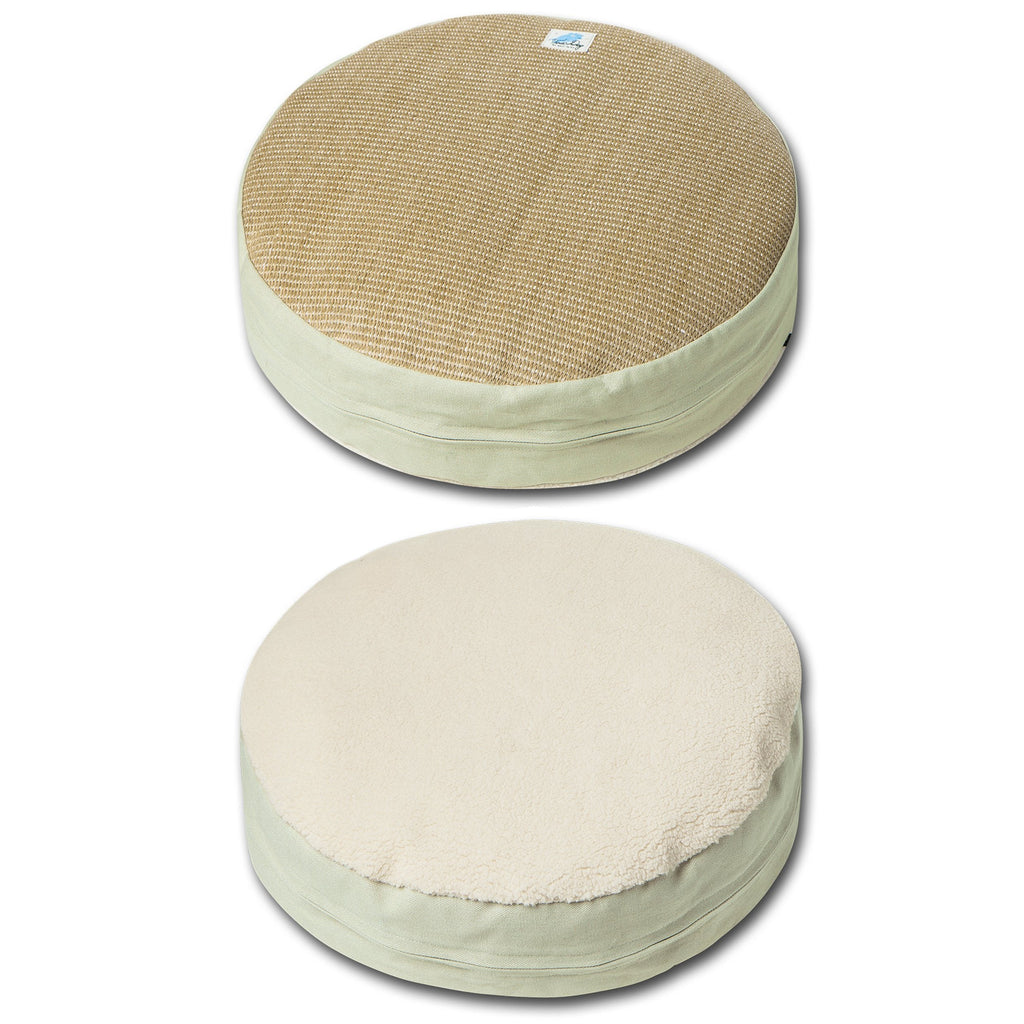 Khaki scratching cat bed top and two round cushion pads in khaki and cream
