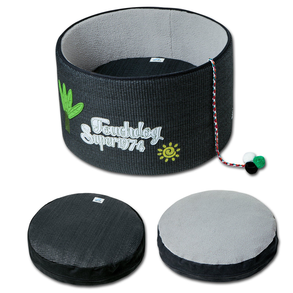 Black scratching cat bed with two round cushion pads shown; teaser toy attached