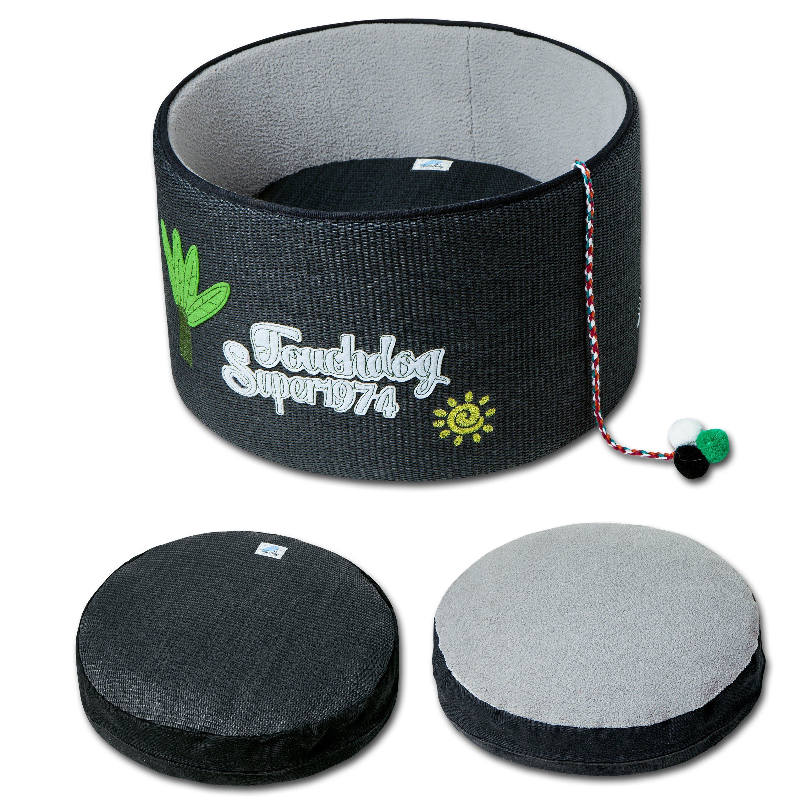 Black scratching cat bed with two round cushion pads shown; teaser toy attached