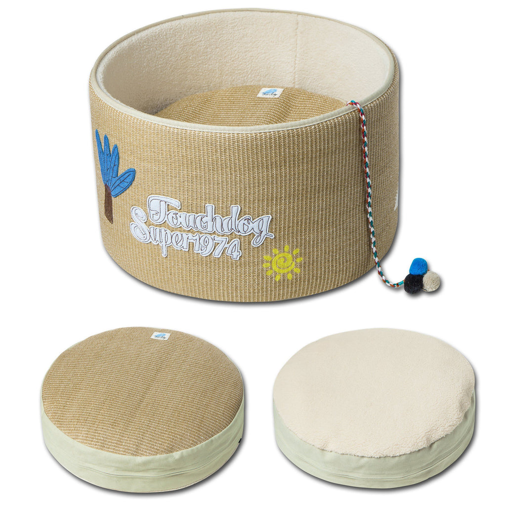 Khaki scratching cat bed with plush interior; teaser toy attached and two cushion pads shown