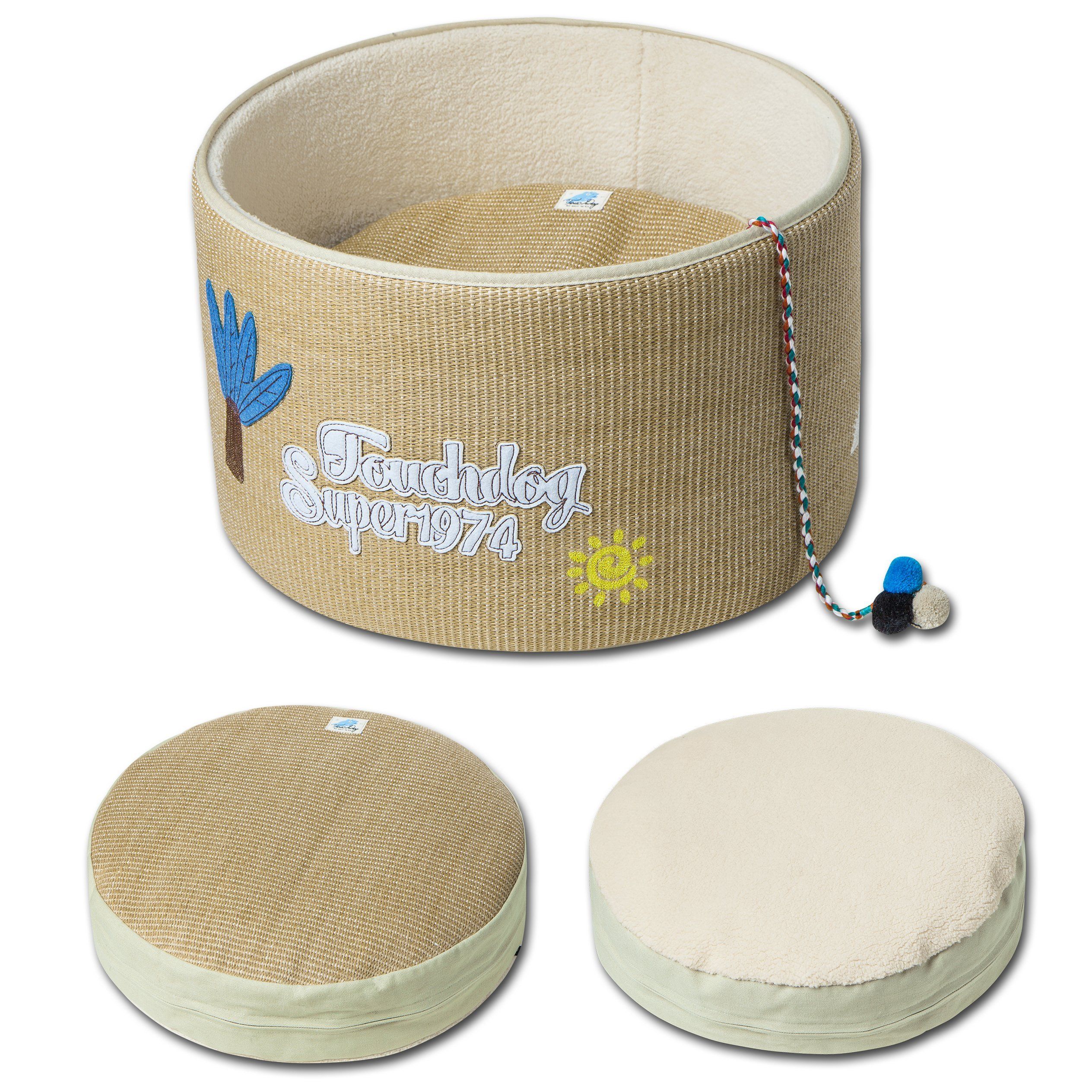 Khaki scratching cat bed with plush interior; teaser toy attached and two cushion pads shown