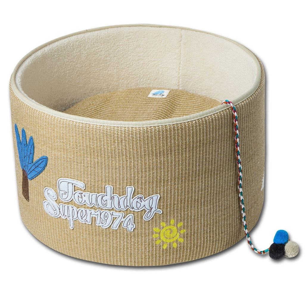 Khaki rounded scratching cat bed with plush top and dangling teaser toy