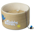 Khaki rounded scratching cat bed with plush top and dangling teaser toy