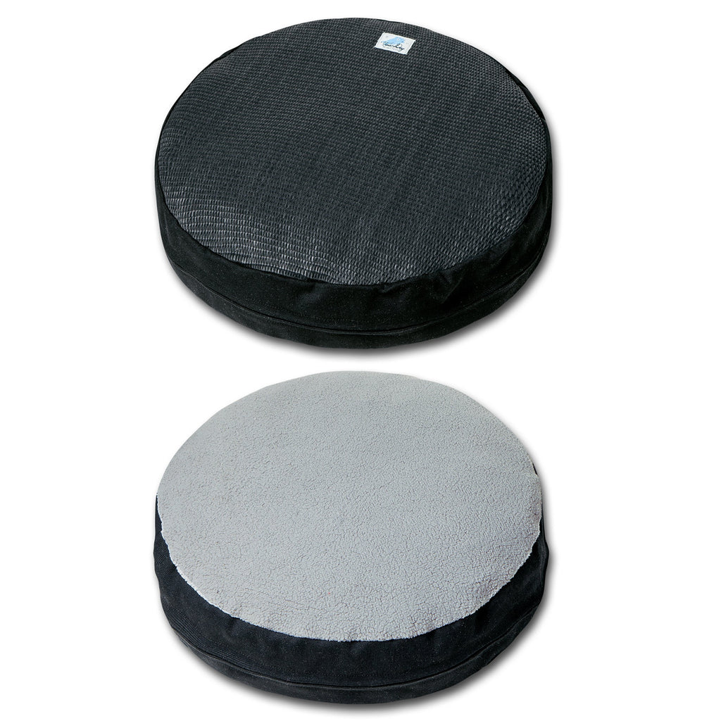 Black scratching cat bed top pad and cream spare round cushion pad
