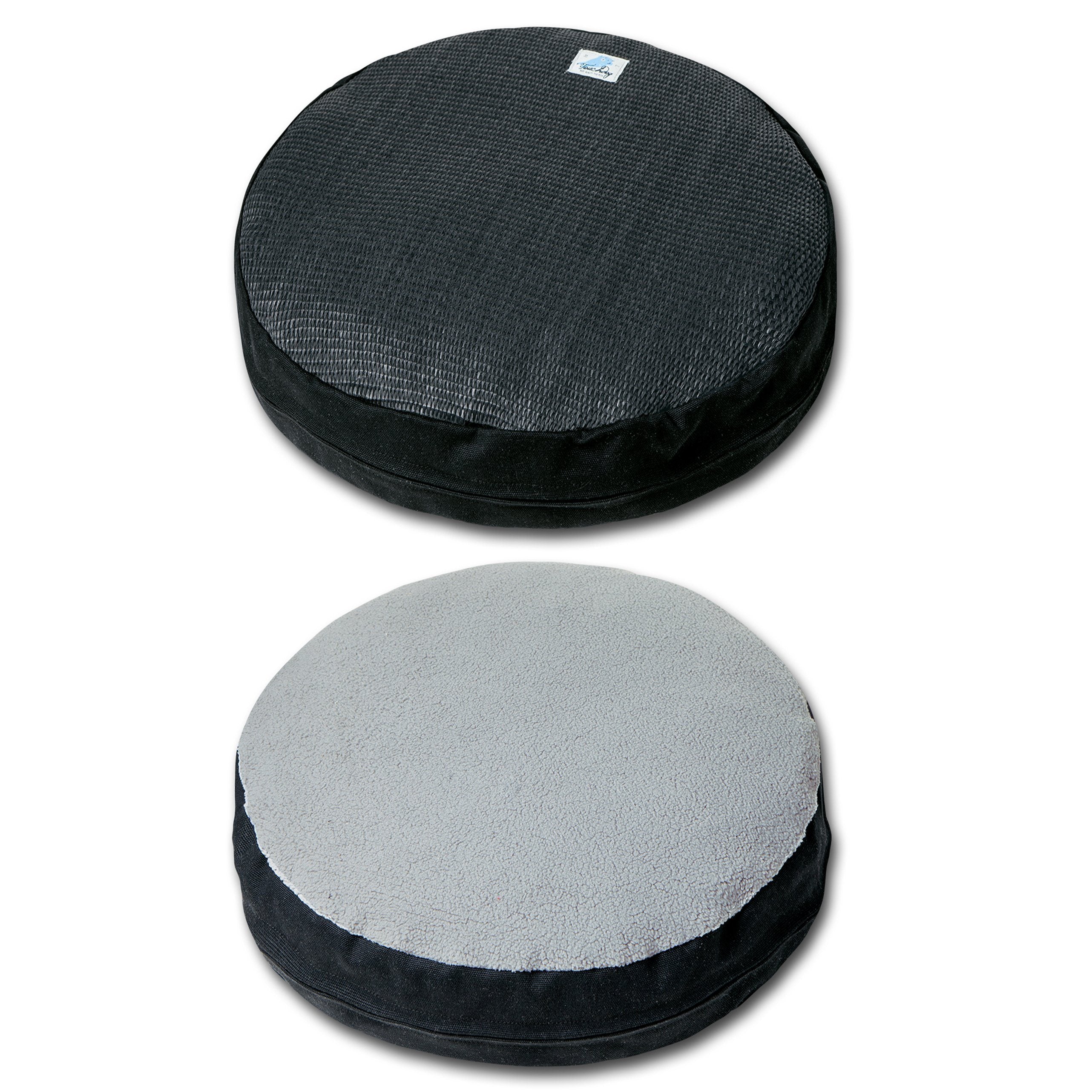 Black scratching cat bed top pad and cream spare round cushion pad
