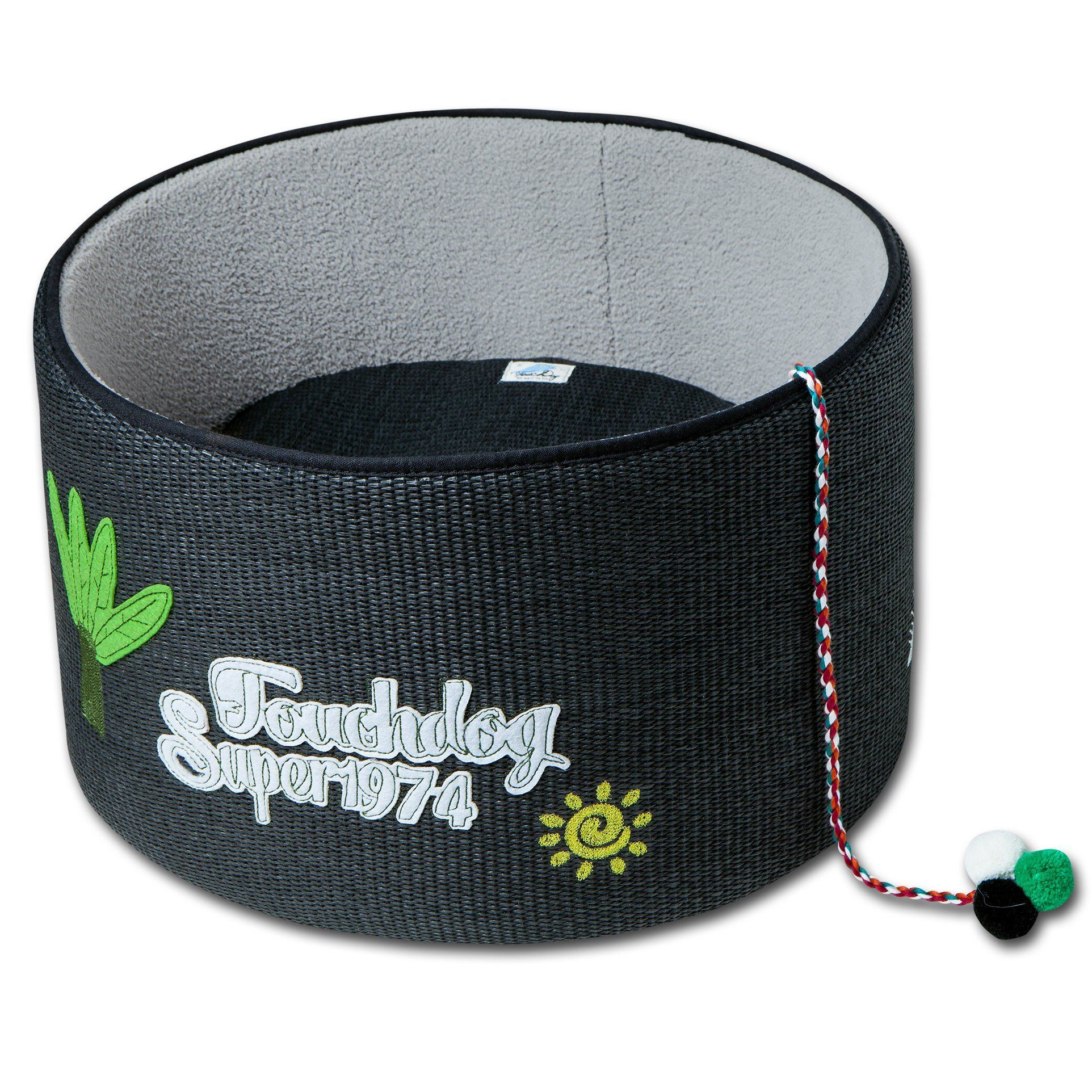 Black rounded scratching cat bed with plush lining and dangling teaser toy