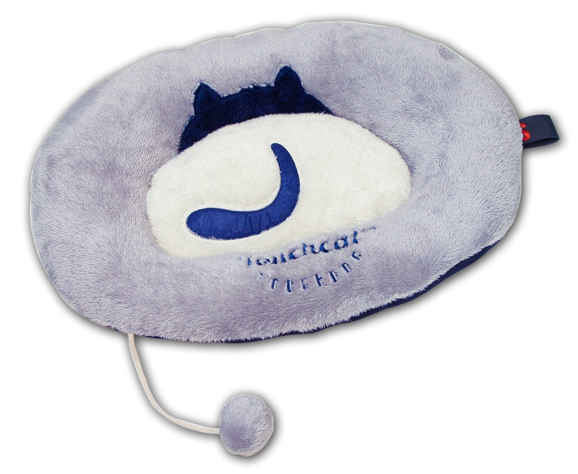 Light grey plush cat bed lounger mat with blue cat face graphic and toy ball