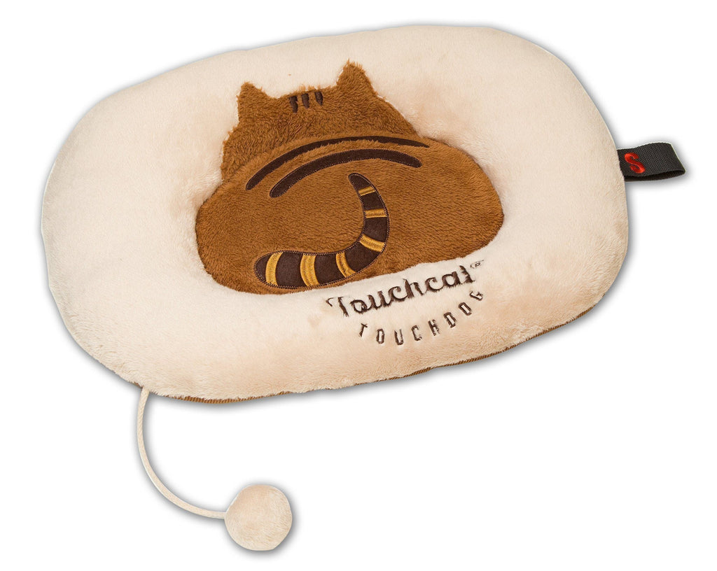 Beige plush cat bed lounger mat with brown cat graphic and dangling toy ball