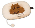 Beige plush cat bed lounger mat with brown cat graphic and dangling toy ball