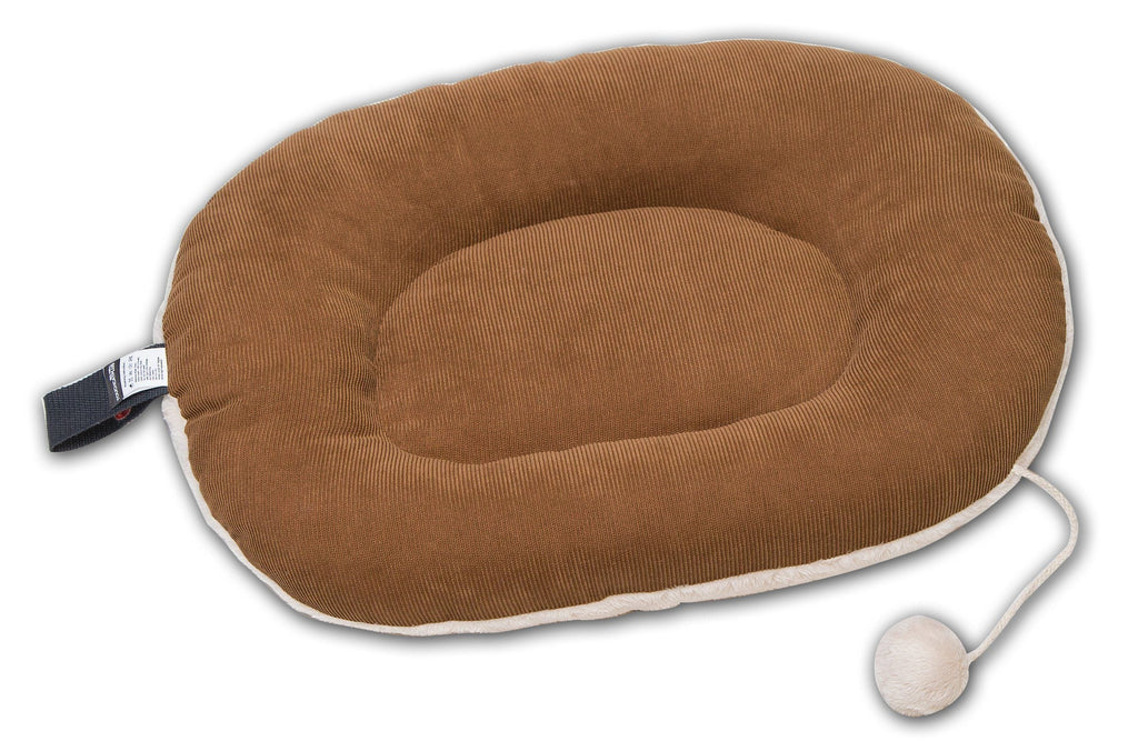 Brown plush oval cat bed lounger with white edge trim and dangling toy ball
