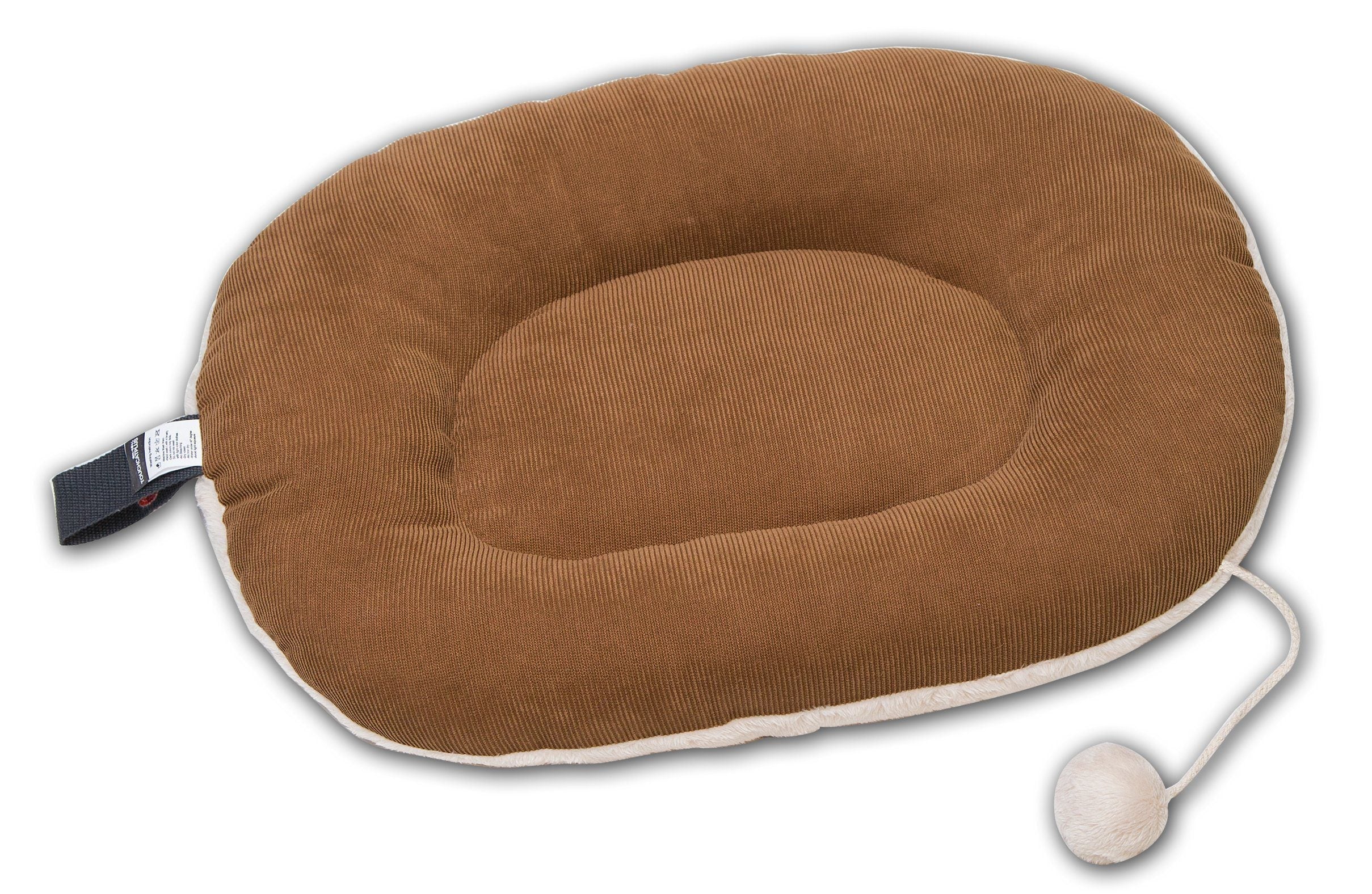 Brown plush oval cat bed lounger with white edge trim and dangling toy ball