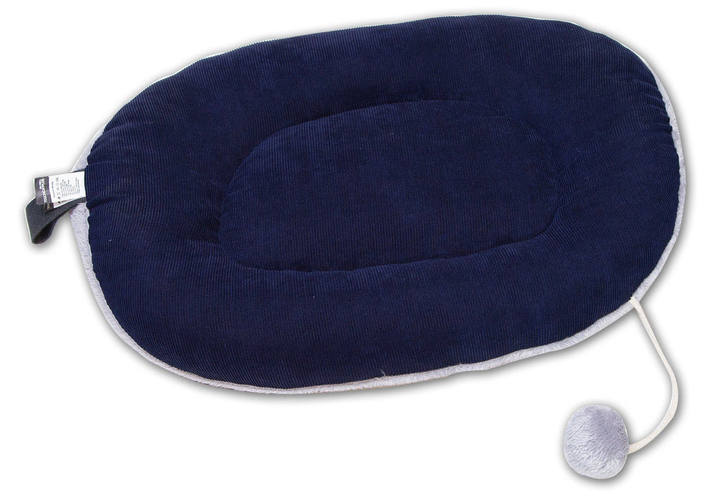 Dark navy plush oval cat bed lounger with white trim and dangling toy ball