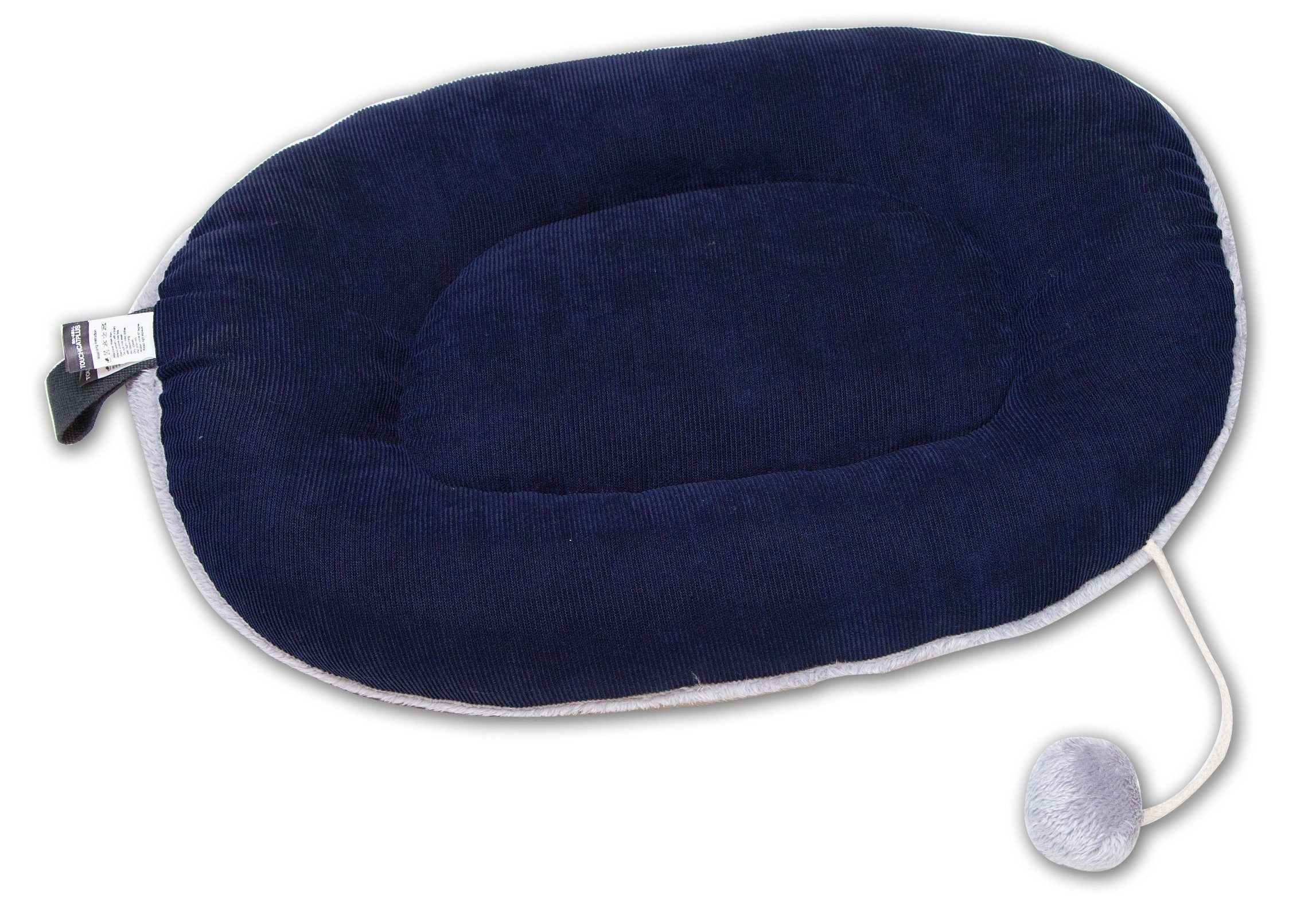Dark navy plush oval cat bed lounger with white trim and dangling toy ball