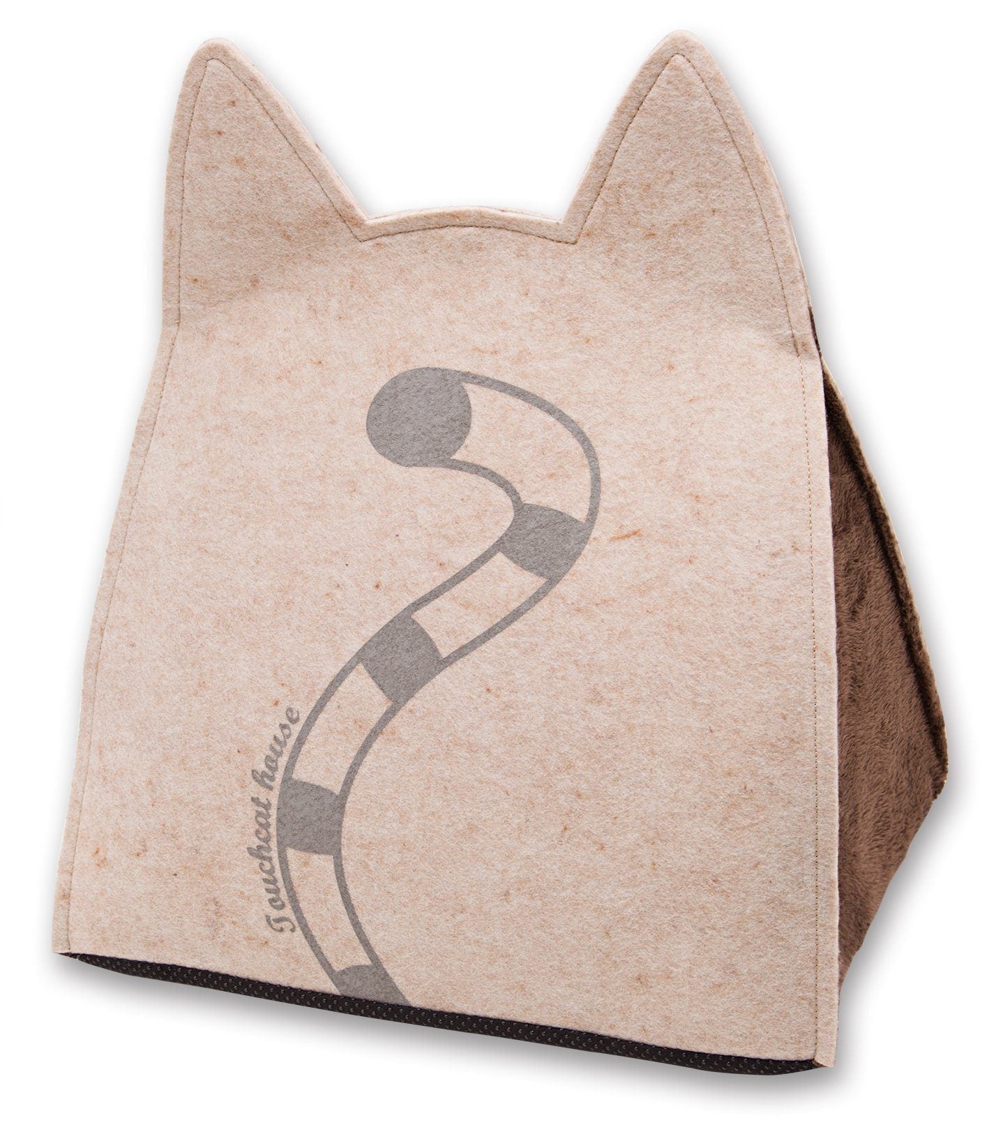 Light beige folding cat bed house with kitty ears and curved front panel