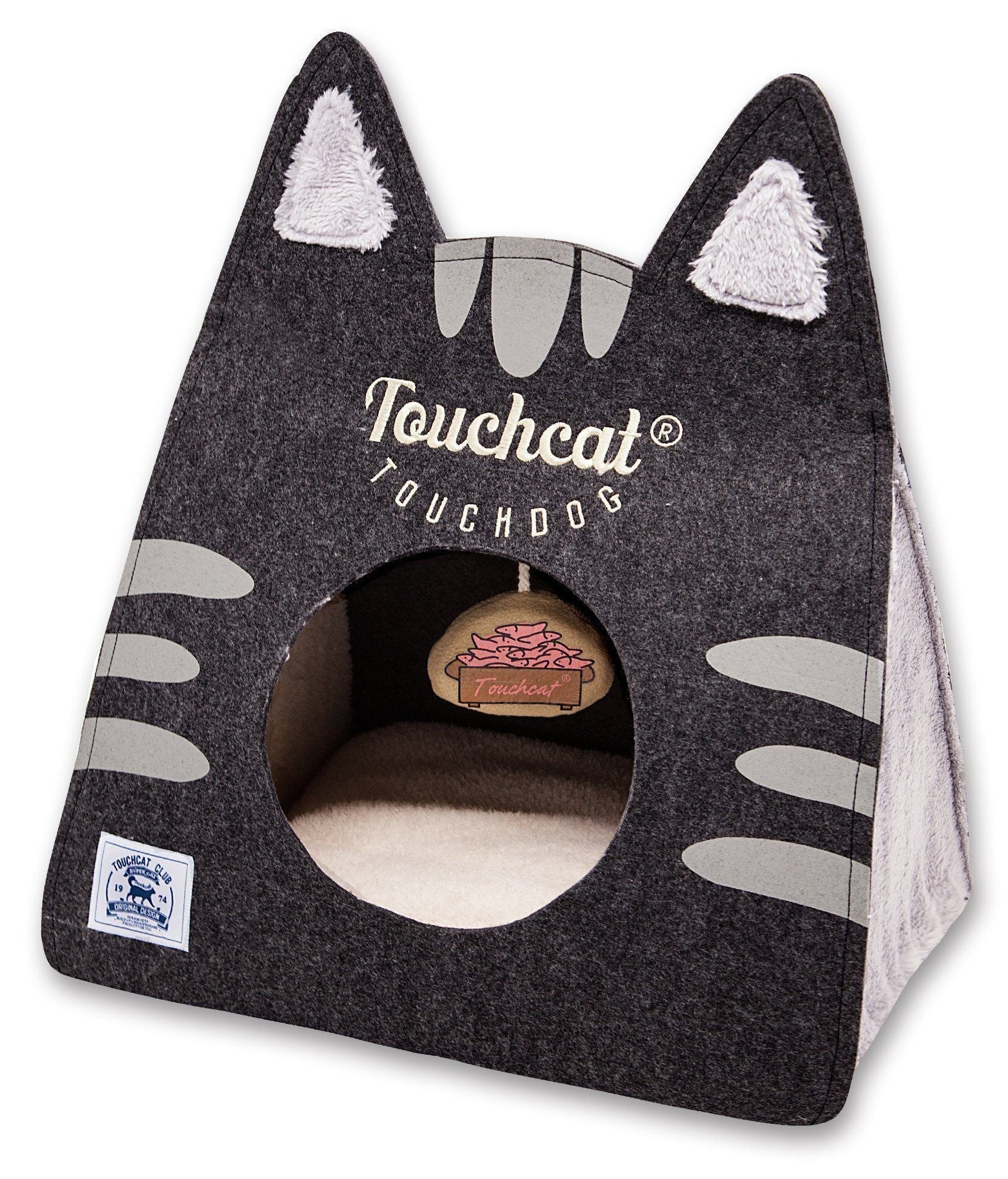 Black folding cat bed house with kitty ears, round entrance, and hanging teaser pocket