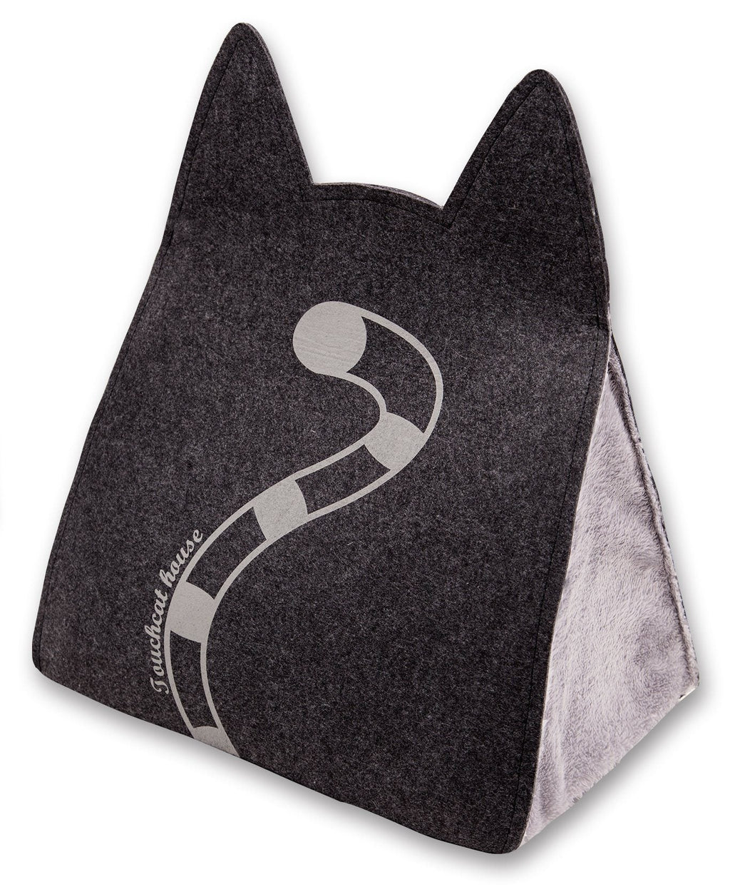 Dark gray folding cat bed house with kitty ears and hanging teaser fabric panel