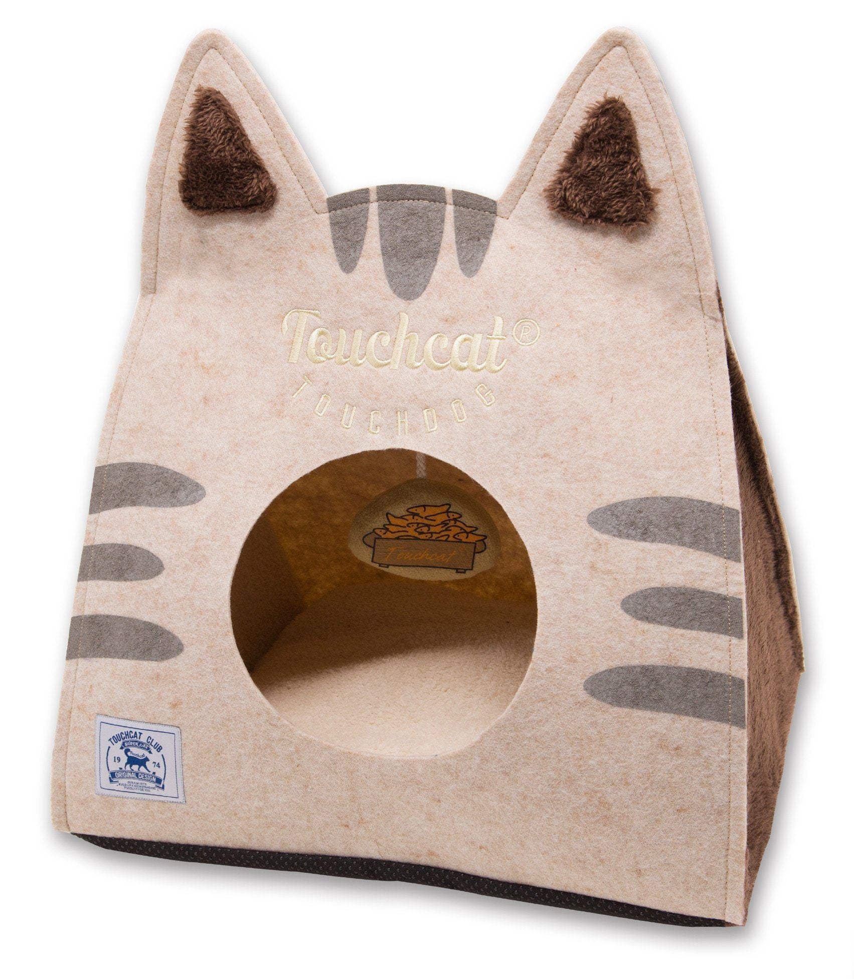 Brown folding cat bed house with kitty ears, round entrance, and teaser icon patch