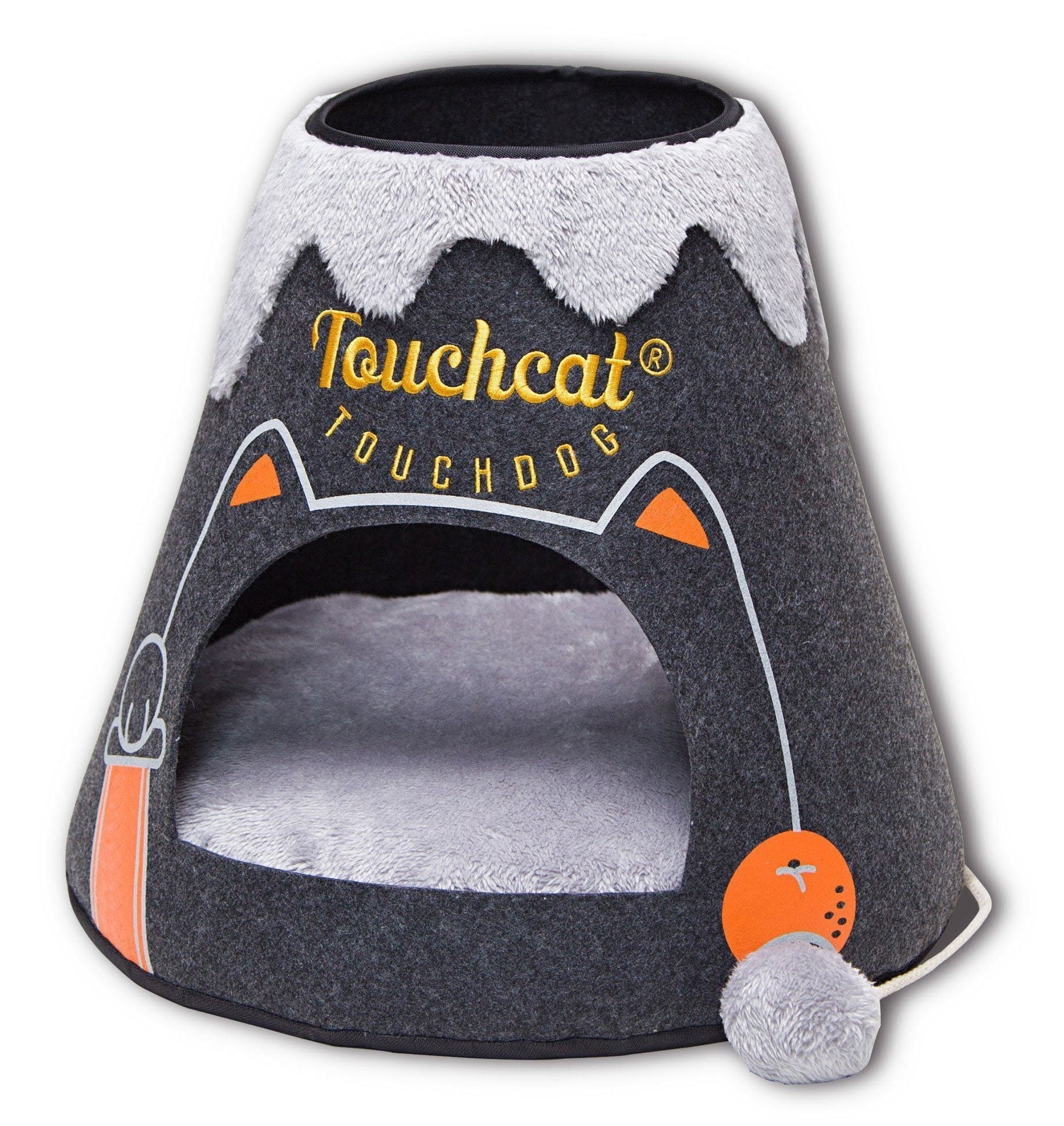 Triangular cat house bed, black-and-white plush with hanging teaser toy and front opening