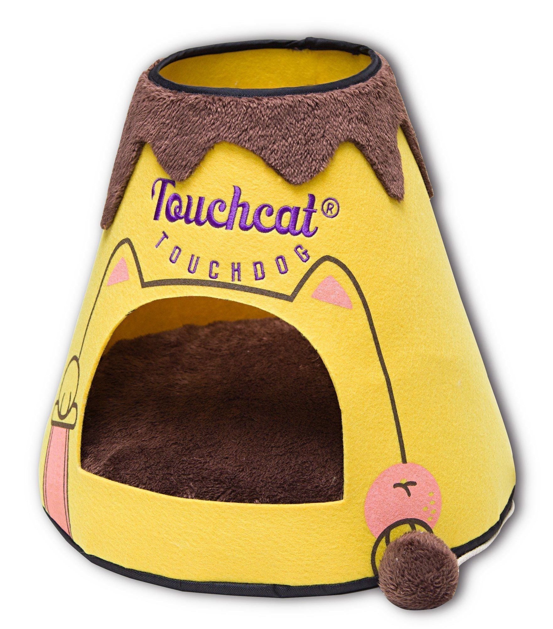 Triangular cat house bed, yellow-and-brown plush with hanging teaser toy and front opening