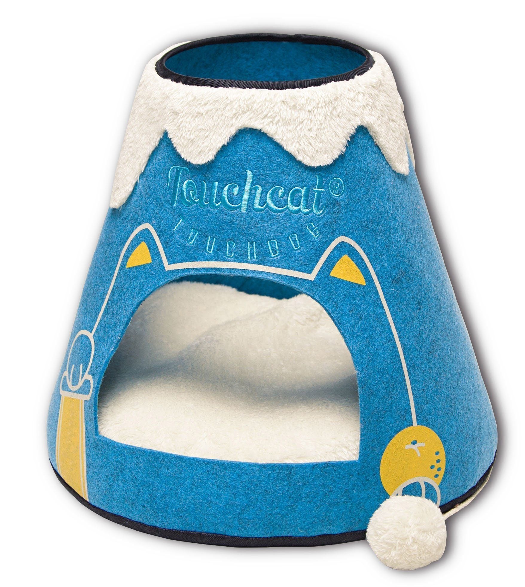 Triangular cat house bed, blue-and-white plush with hanging teaser toy and front opening