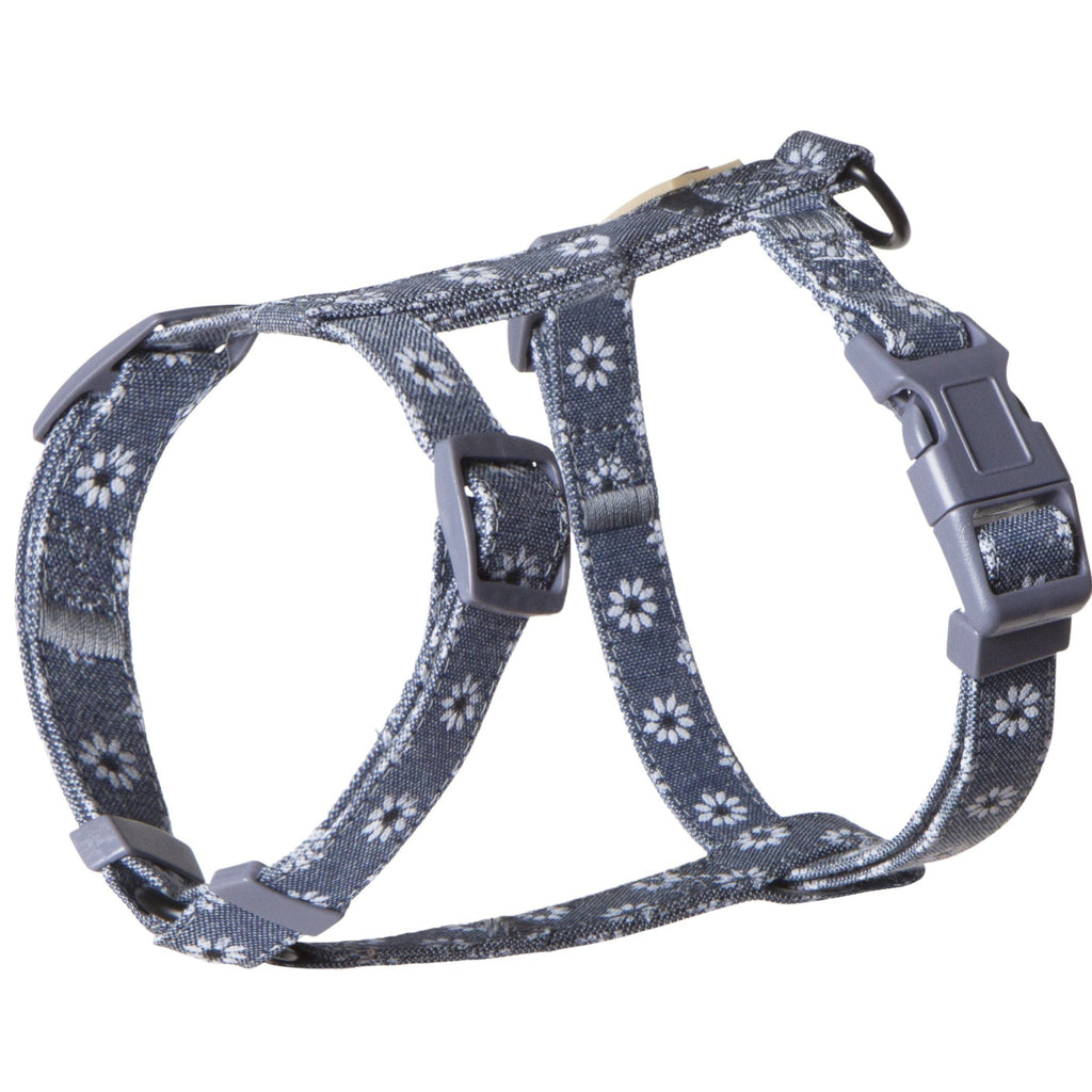 Dark gray patterned cat harness with front loop and side buckle; leash attachment point