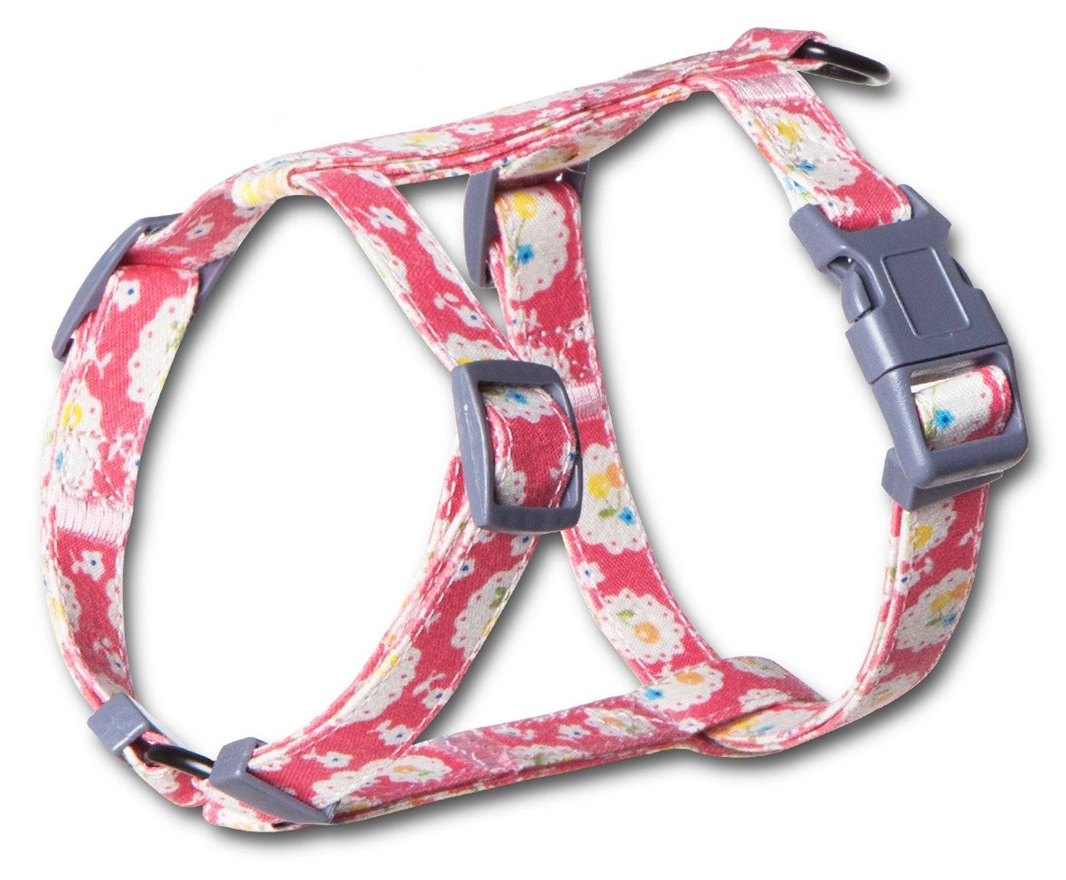 Pink cat harness with front loop and leash clip; matching patterned fabric straps