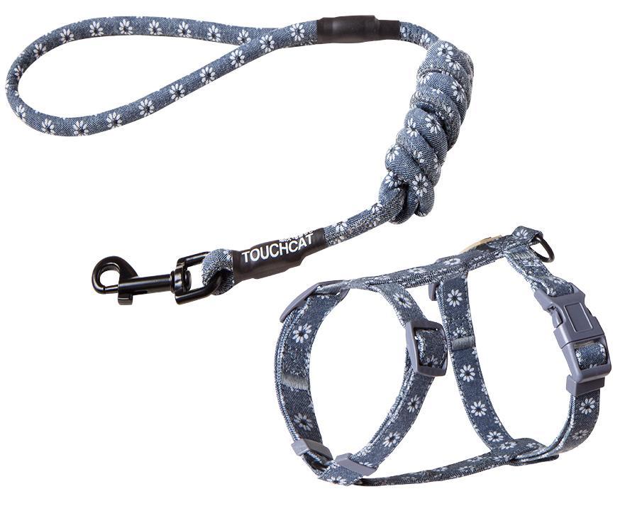 Dark gray floral cat harness and leash combo with adjustable straps and clasp