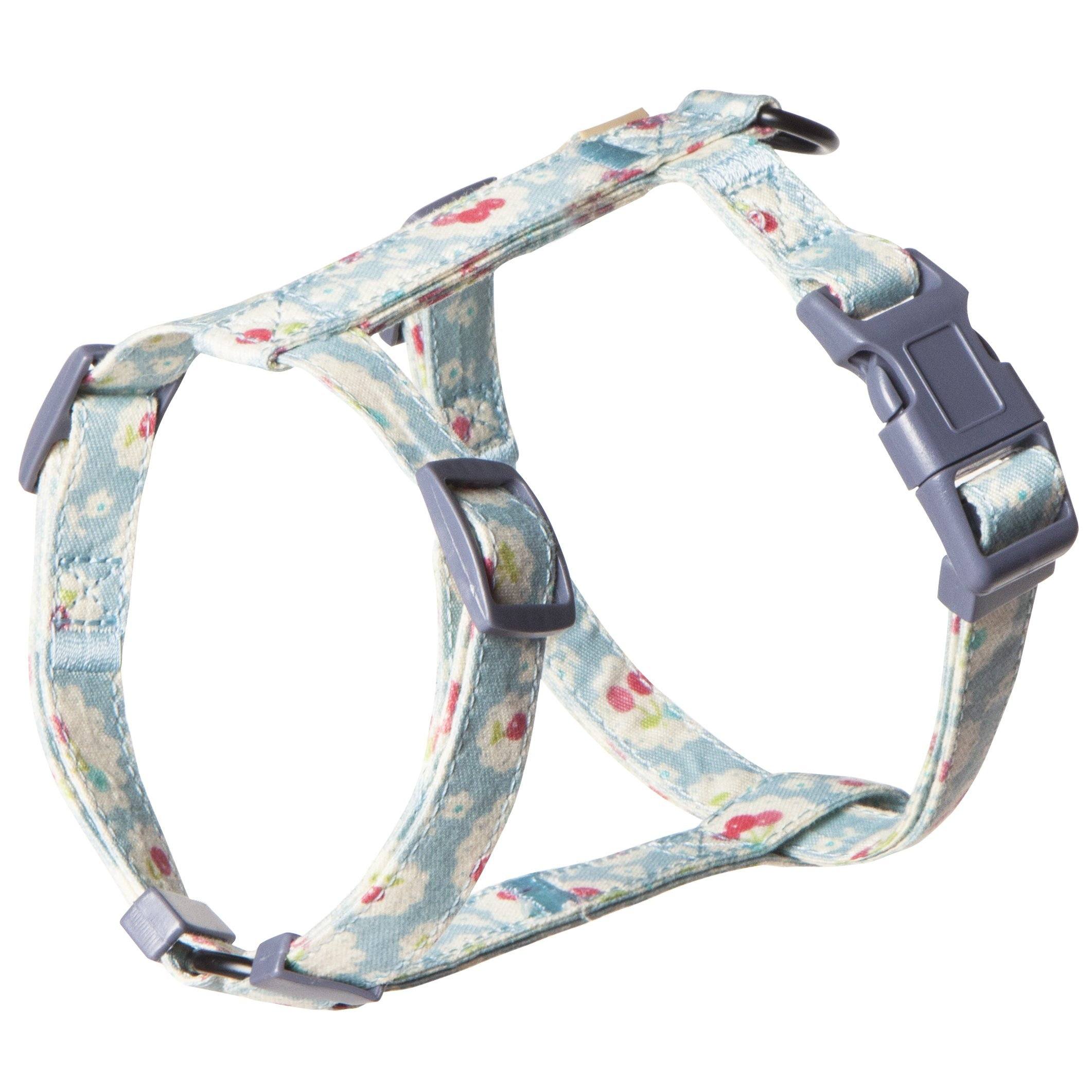 Sky blue patterned cat harness with chest strap, side buckle, and leash connector