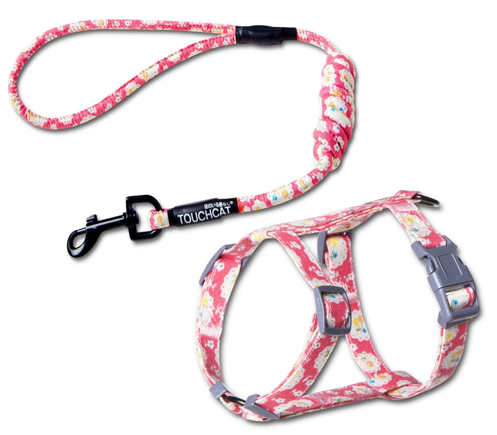 Pink floral cat harness and leash combo with adjustable front straps and buckle