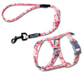 Pink floral cat harness and leash combo with adjustable front straps and buckle