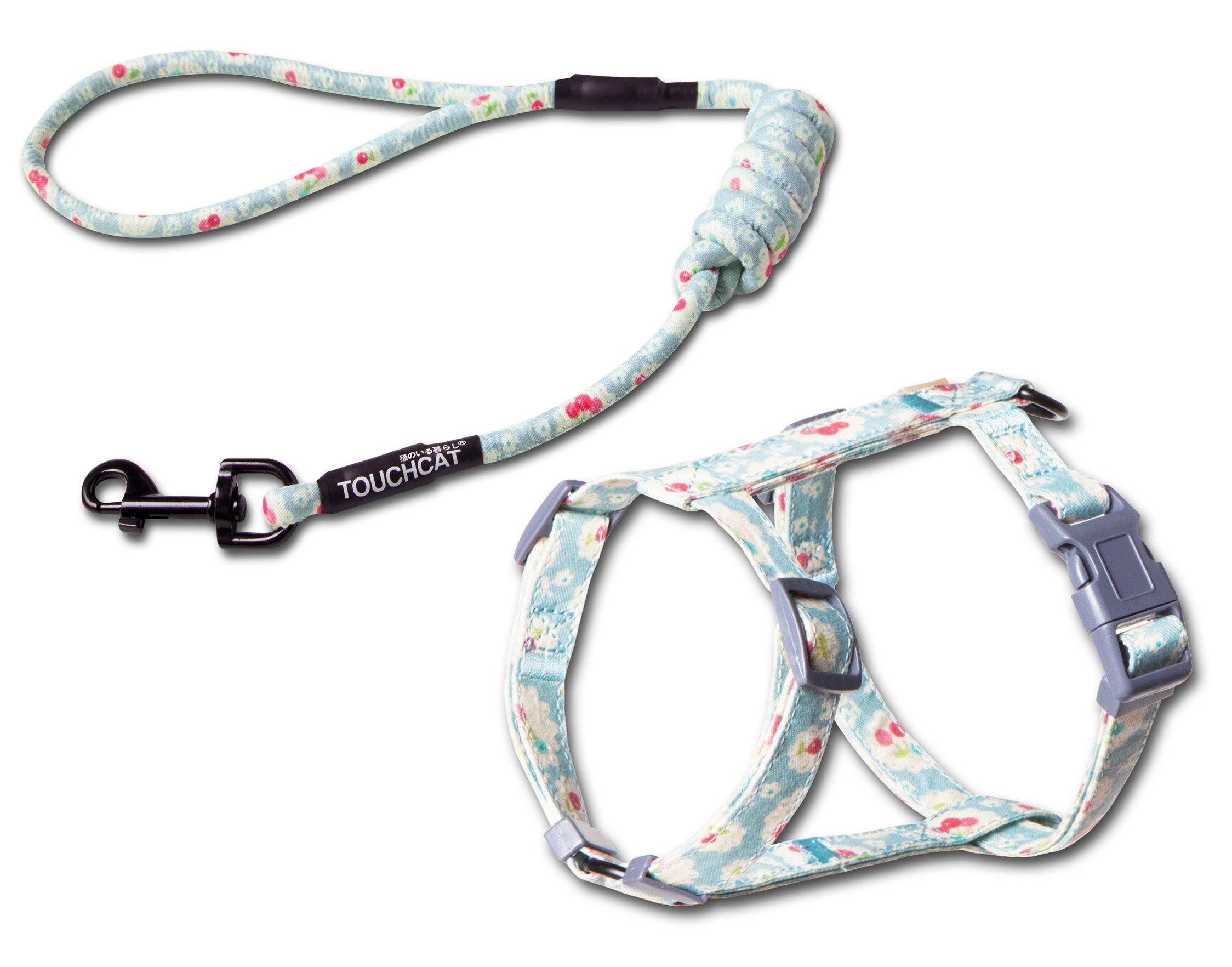 Sky blue floral cat harness and leash combo with adjustable straps and clasp