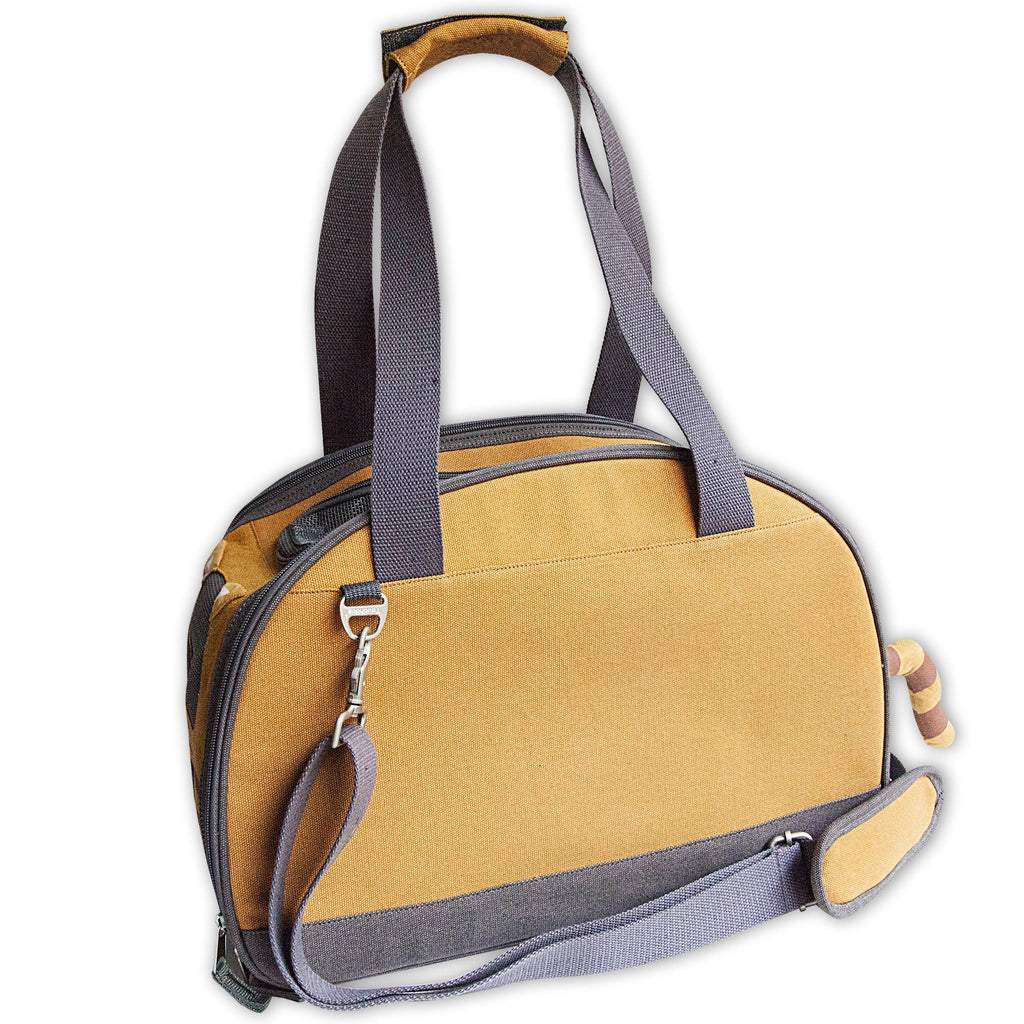 Yellow cat carrier tote with side zip pocket, wide strap, and plush tail