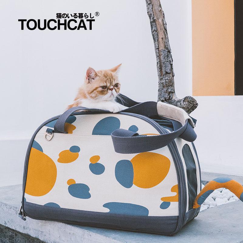 Blue-and-white patterned collapsible cat carrier with circular pet-window opening