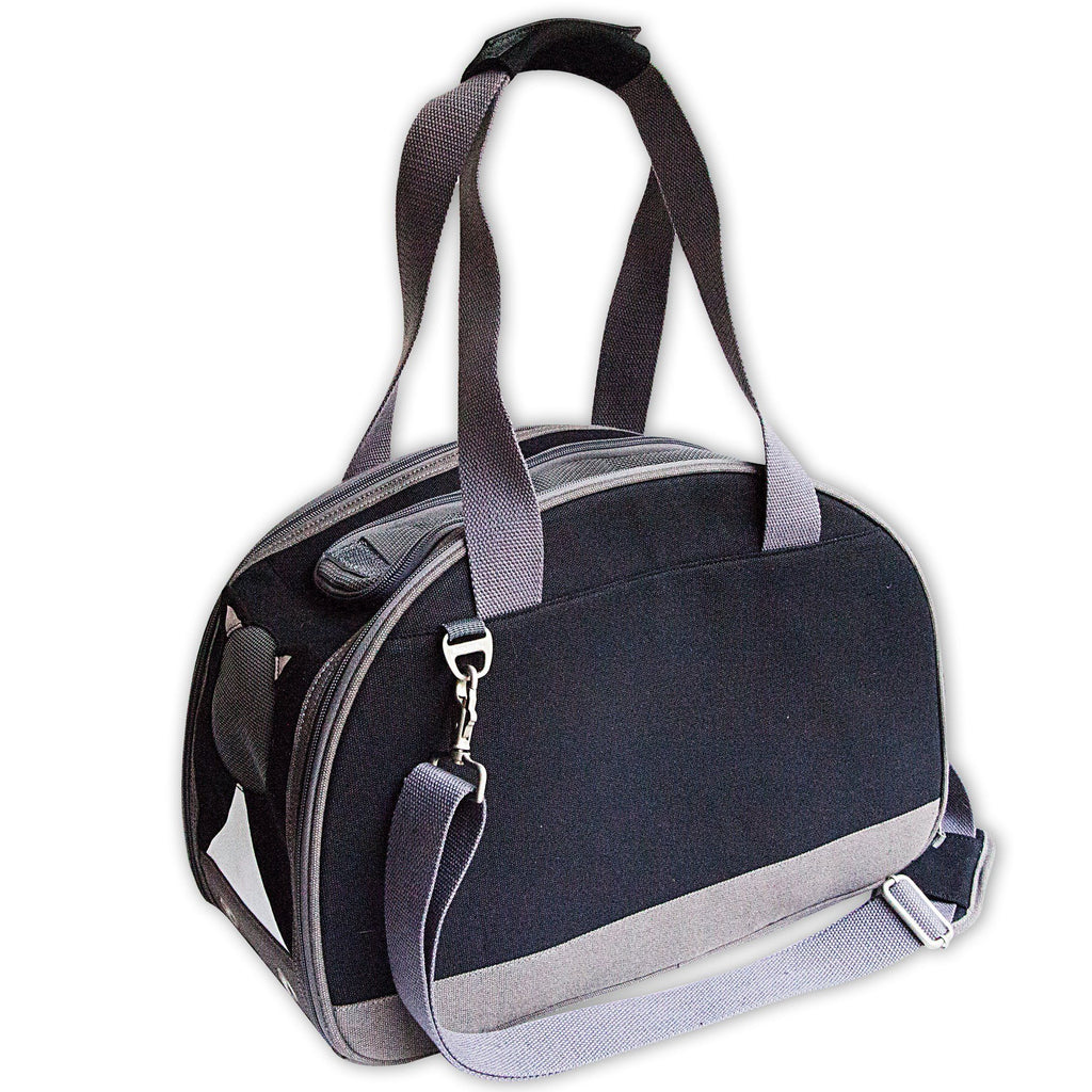 Black cat carrier tote with side zipper, top handle, and gray trim base