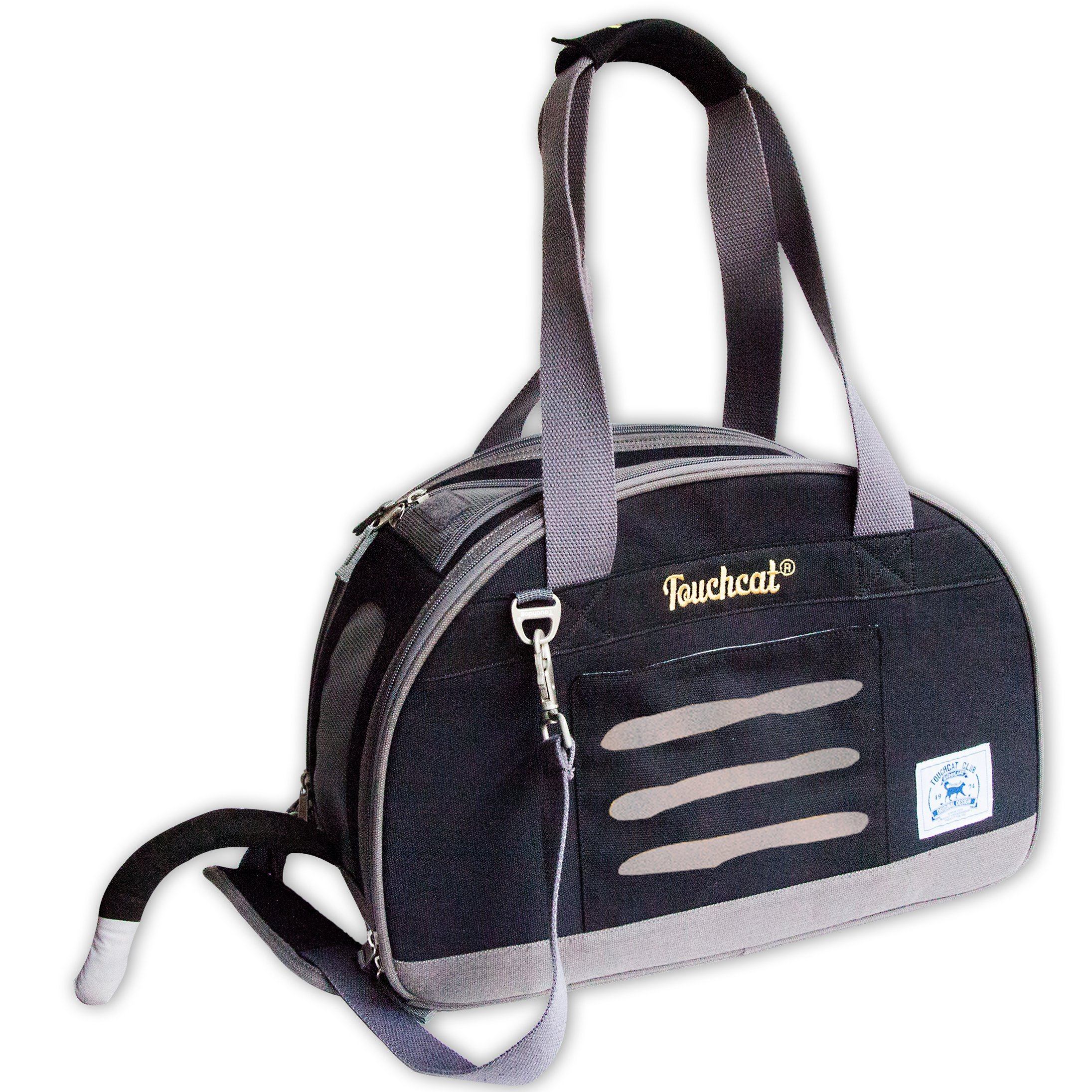 Black collapsible cat carrier tote with gray stripe panel, front zipper, and plush tail