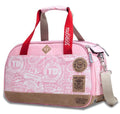 Pink pet carrier duffel with red handles, front zipper, and printed vintage-style logos