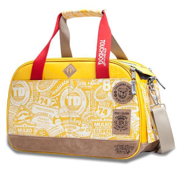Yellow pet carrier duffel with red handles, front zipper, and printed logo pattern