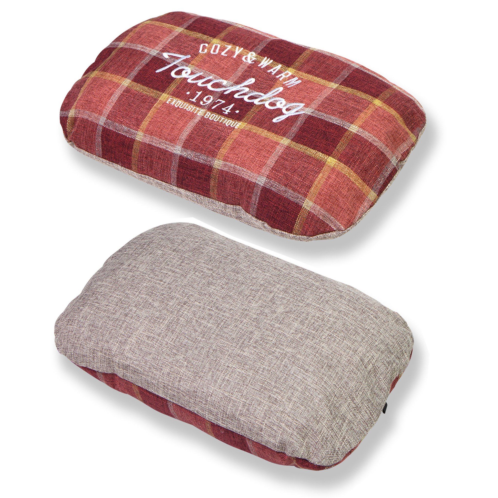 Red plaid oval dog bed cushion top with gray back panel