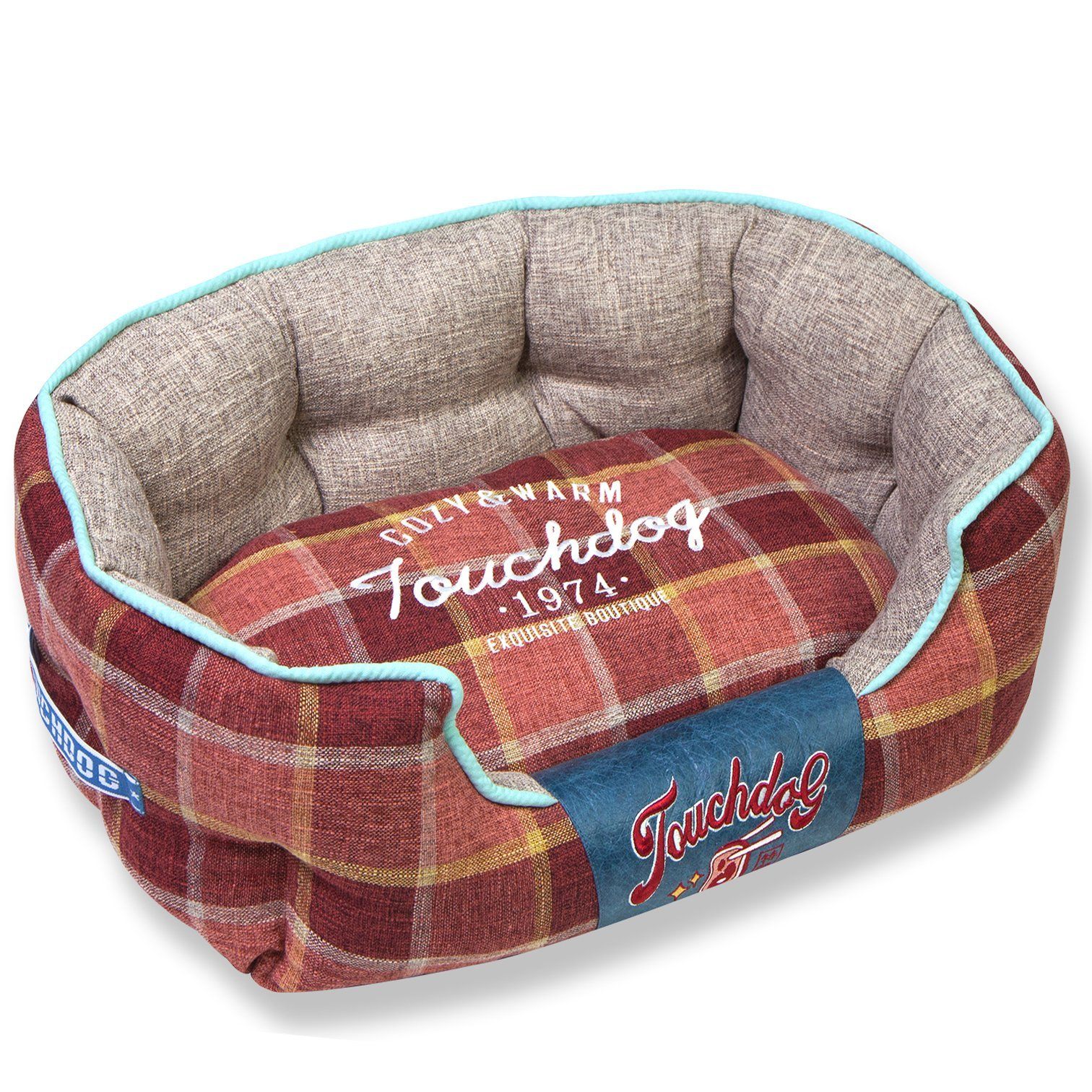 Red plaid oval dog bed with gray interior and light blue trim