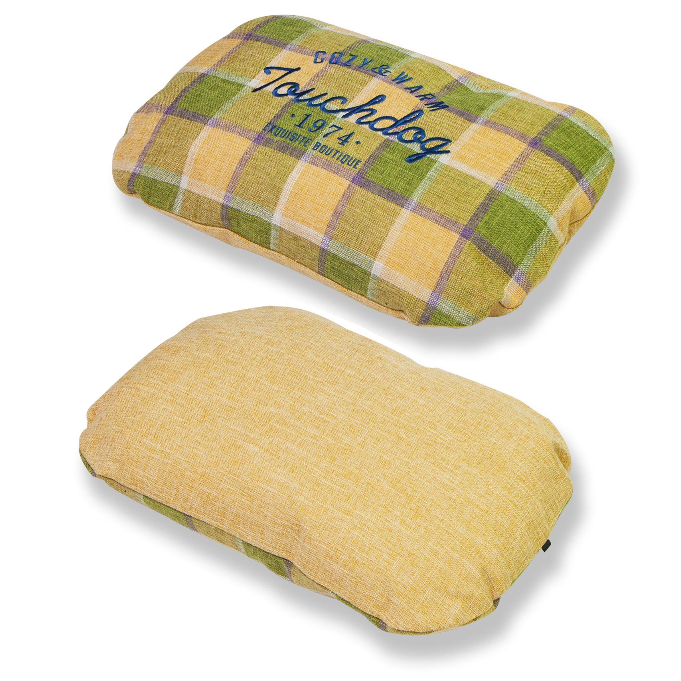 Oval designer plaid dog bed cushion with green, yellow, and purple check top panel