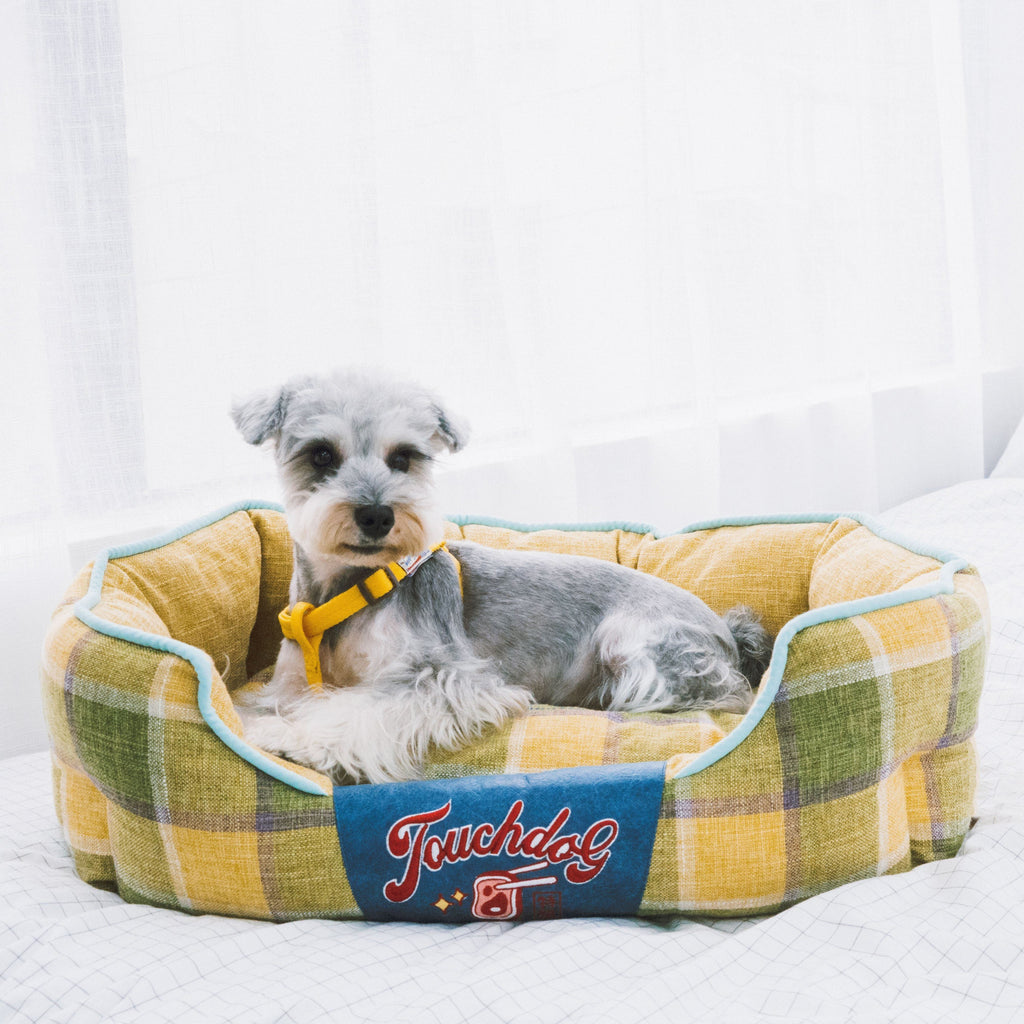 Yellow and green plaid oval dog bed with light blue trim