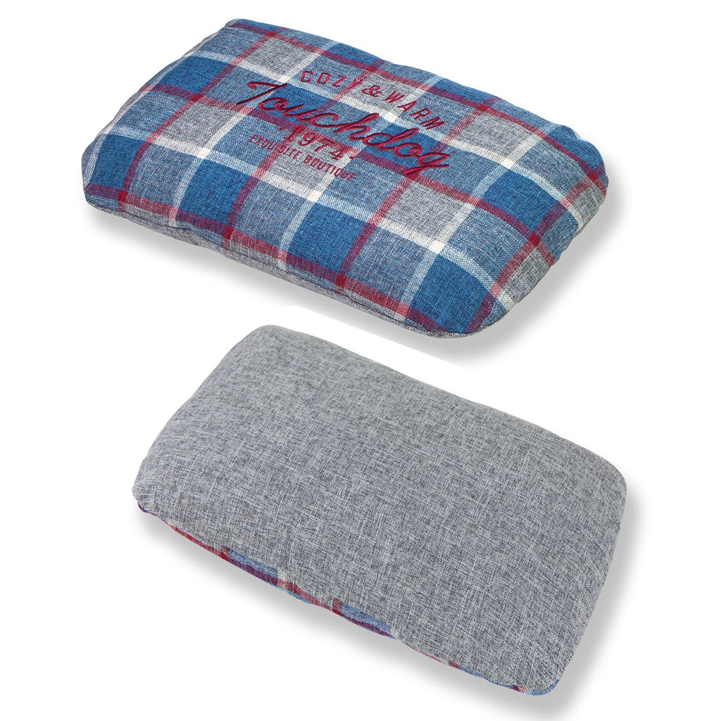 Blue plaid oval dog bed cushion top with gray back panel