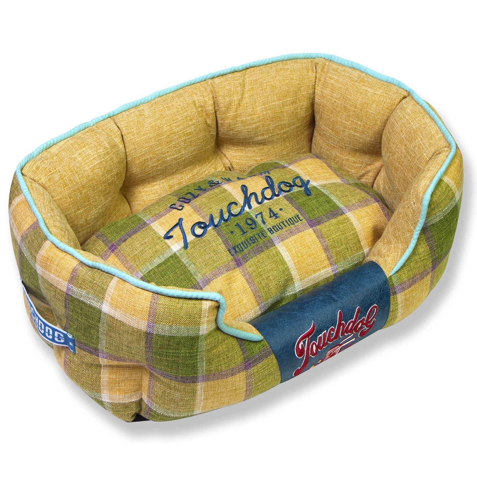 Yellow plaid oval dog bed with gray interior and light blue trim