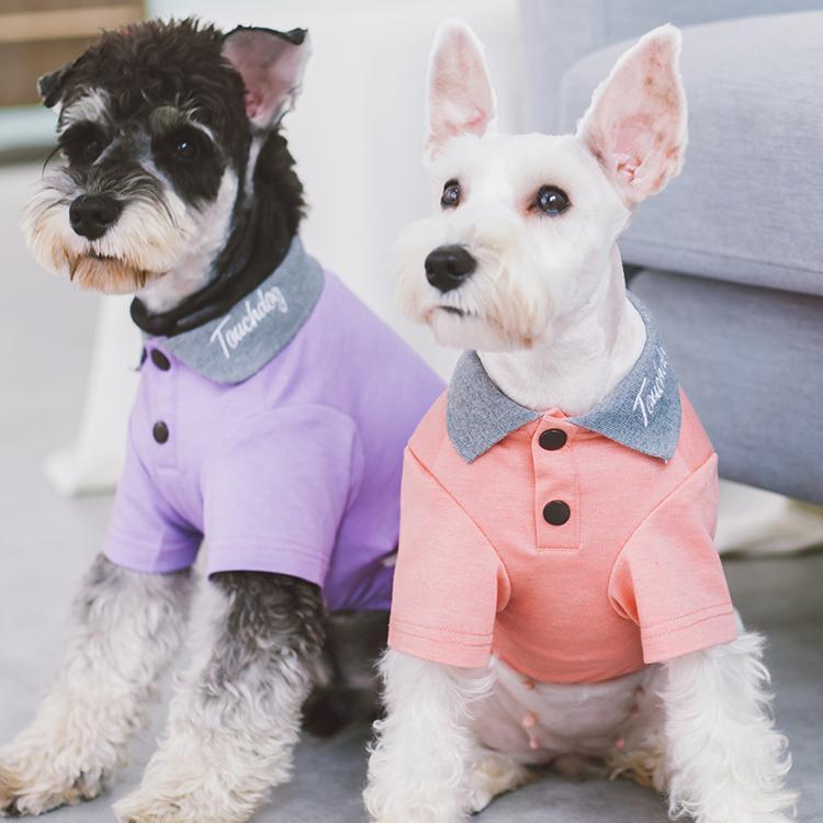 Peach and lavender dog polo T-shirts with gray collars, worn by two dogs