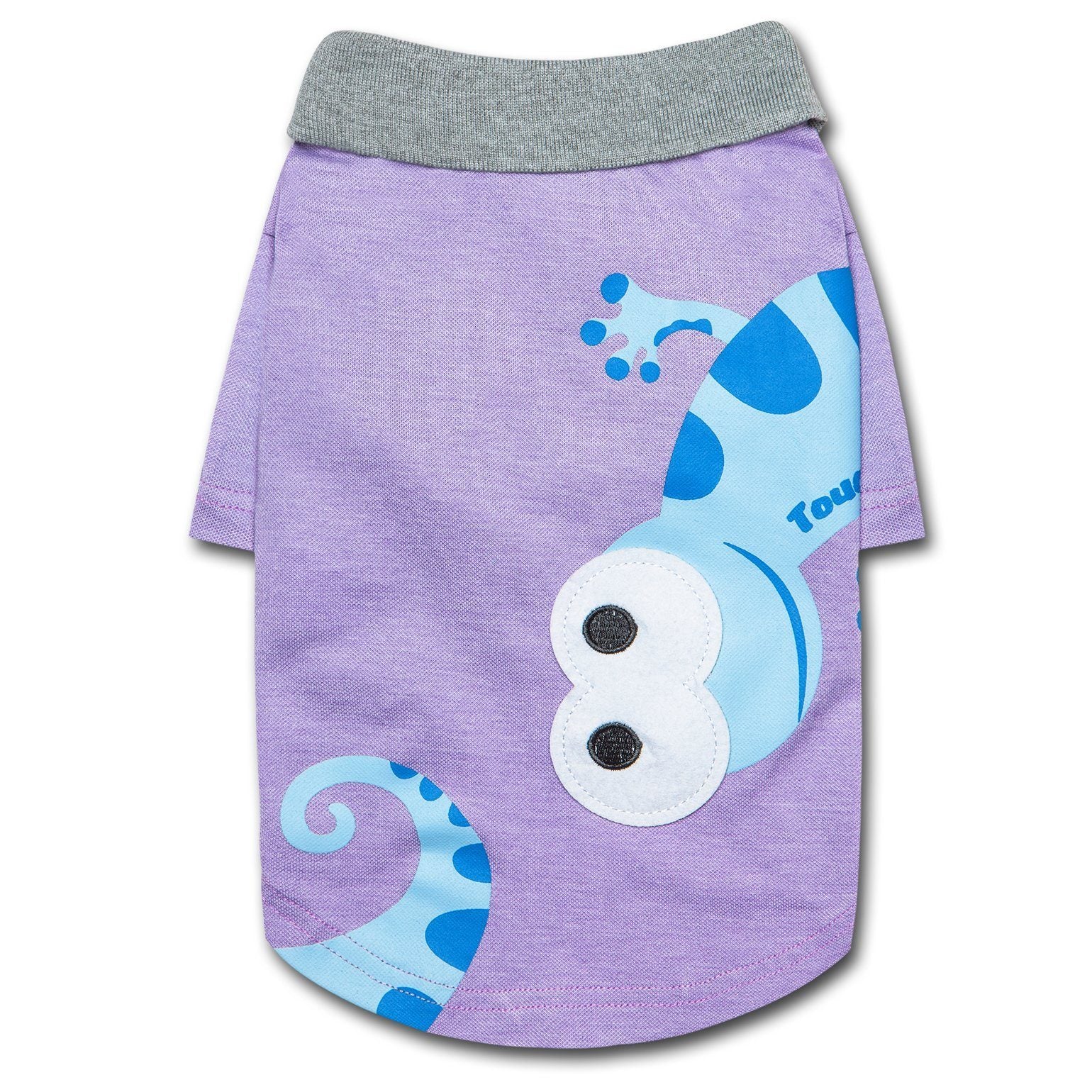 Purple dog polo T-shirt with gray collar and toucan face patch on front
